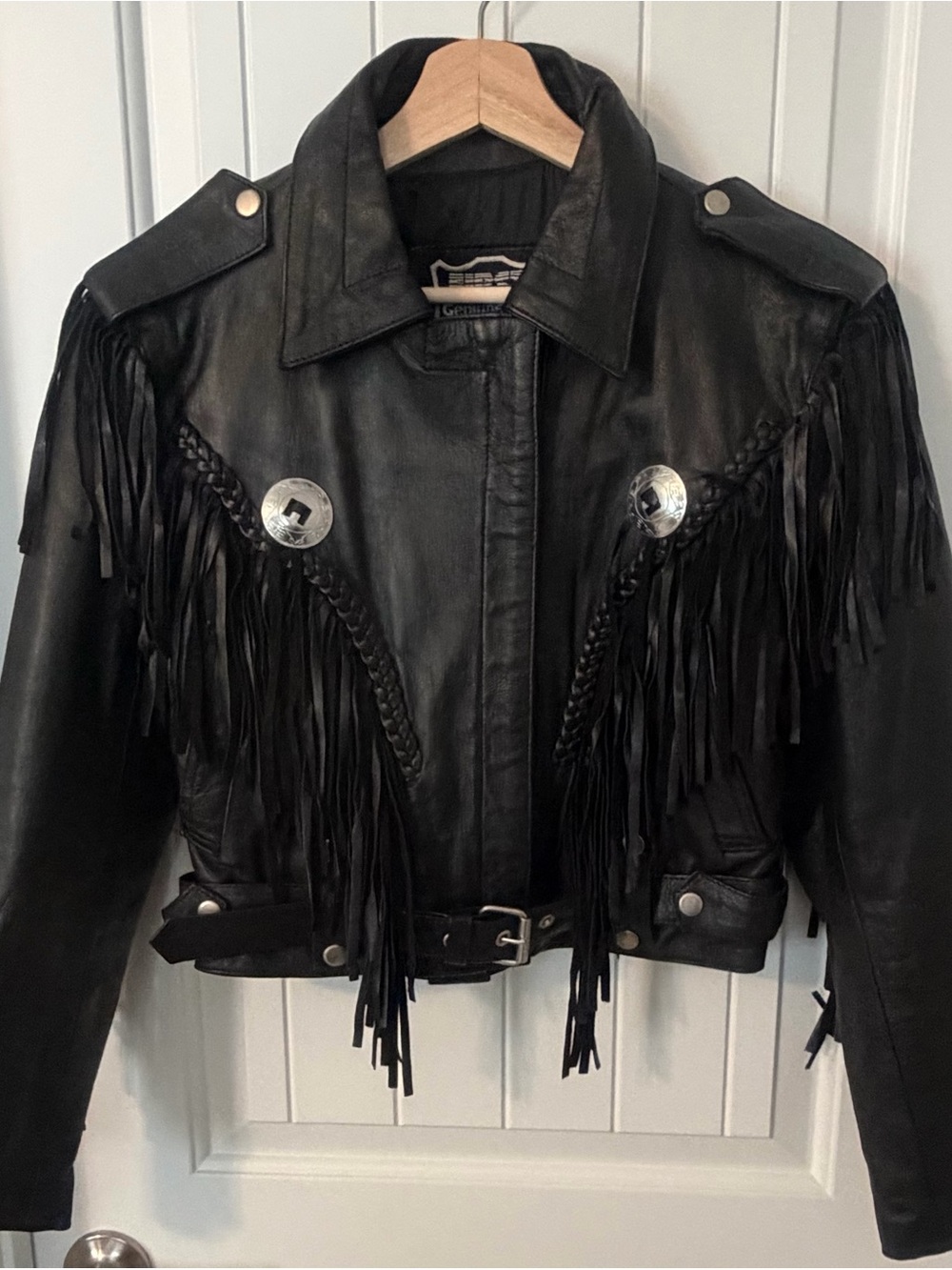 Black Leather Fringe Biker Jacket with Conchos